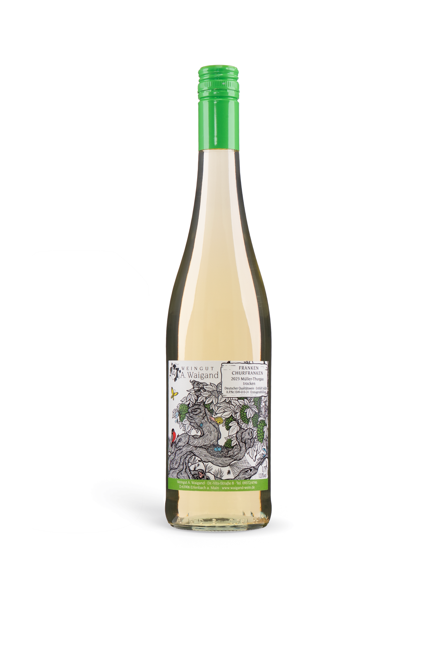 2023er Mueller-Thurgau trocken Weingut A. Waigand - freigestellte Weissweinflasche
