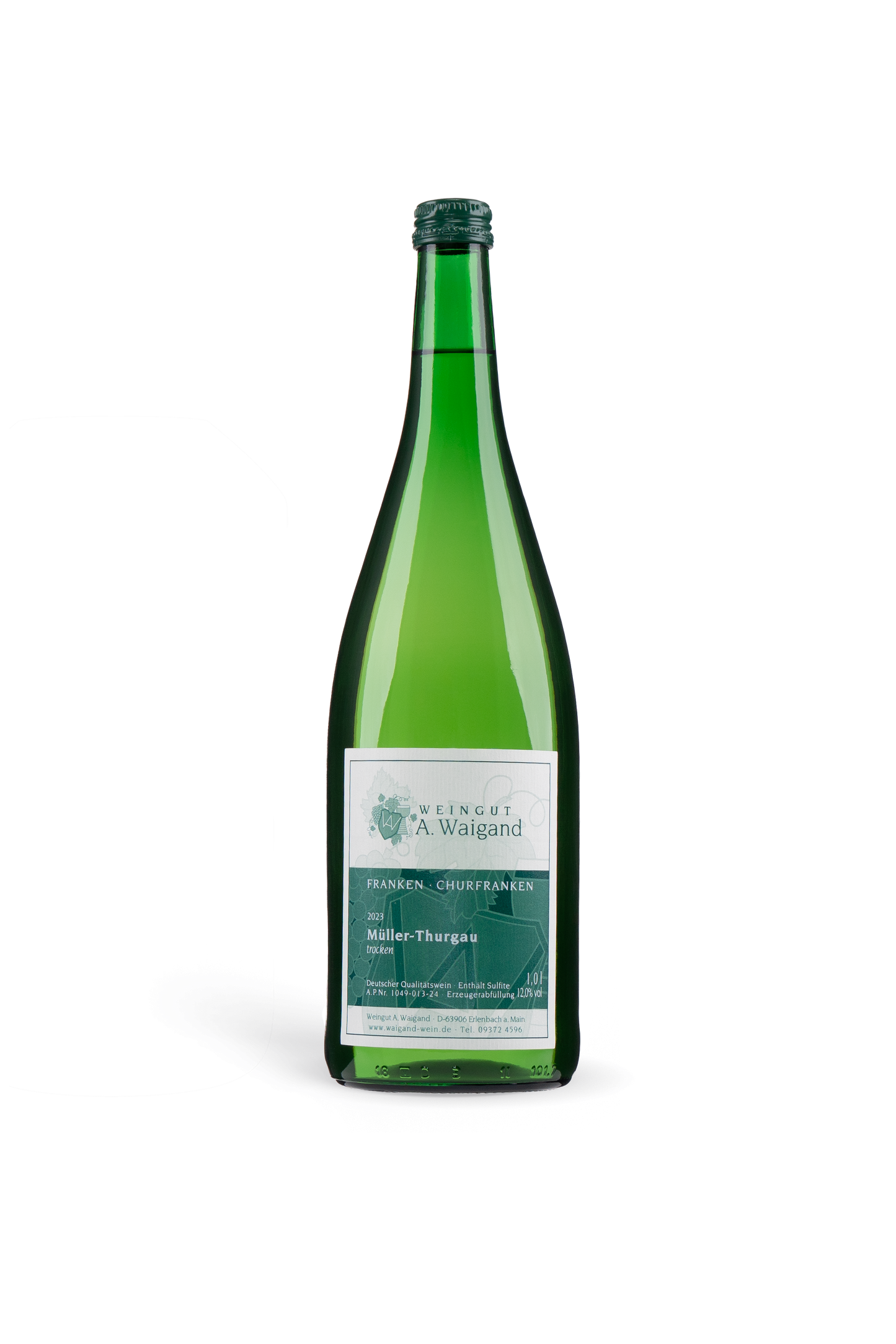 2023er Mueller-Thurgau QbA Weingut A. Waigand - freigestellte Weissweinflasche PNG