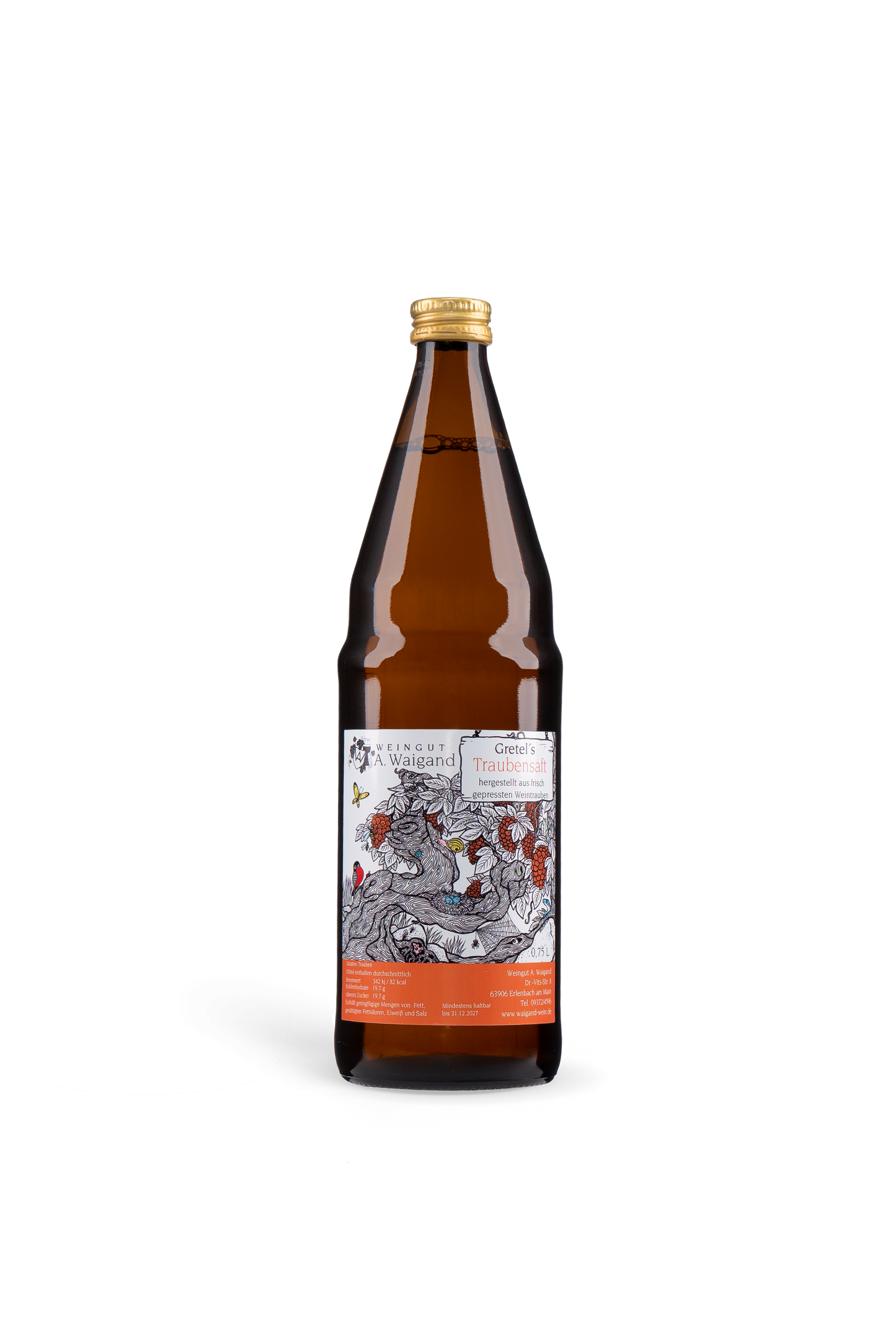 Gretel's Traubensaft Weingut A. Waigand - freigestellte Flasche mit künstlerischem Etikett
