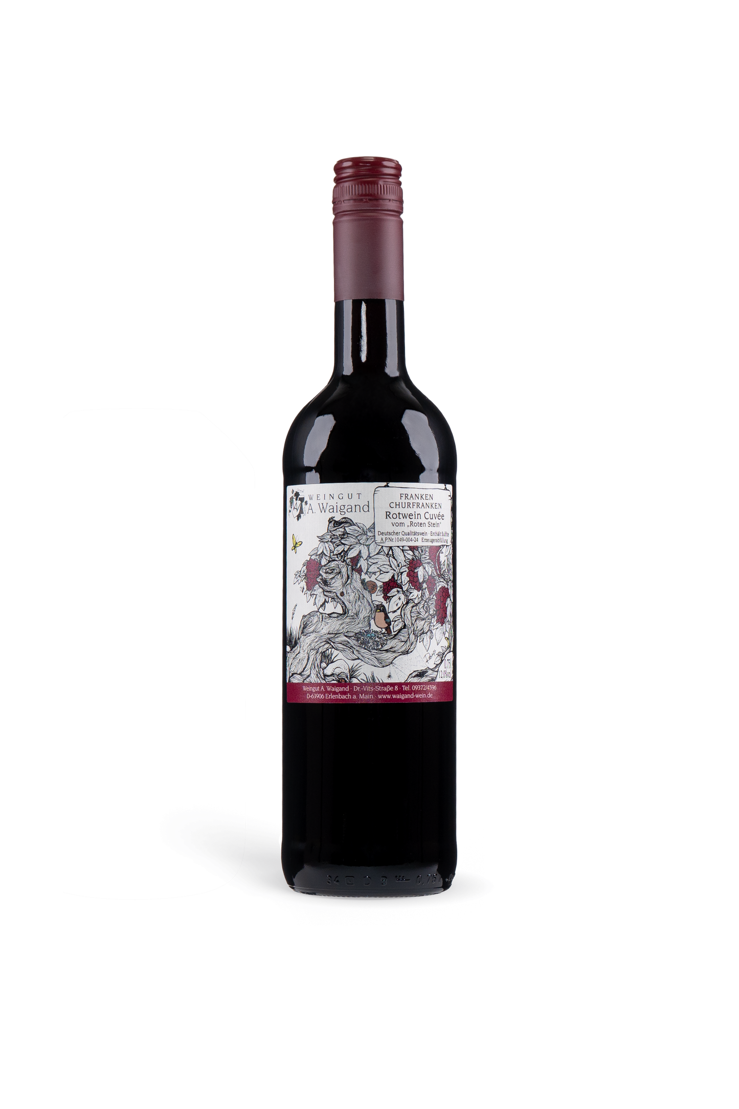 Rotwein Cuvée vom Roten Stein Weingut A. Waigand - freigestellte Rotweinflasche