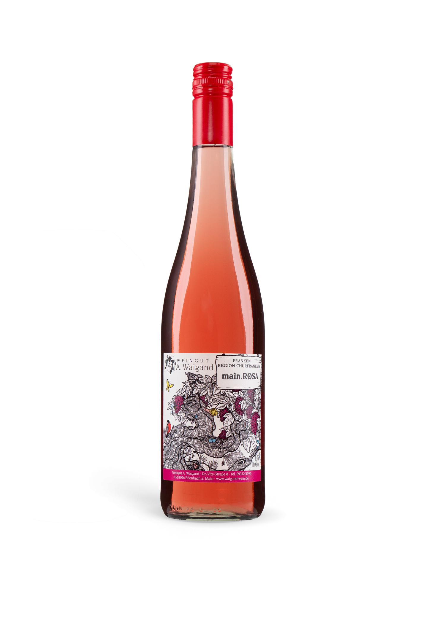 main.ROSA Roseweinflasche Weingut A. Waigand mit kuenstlerischem Etikett freigestellt