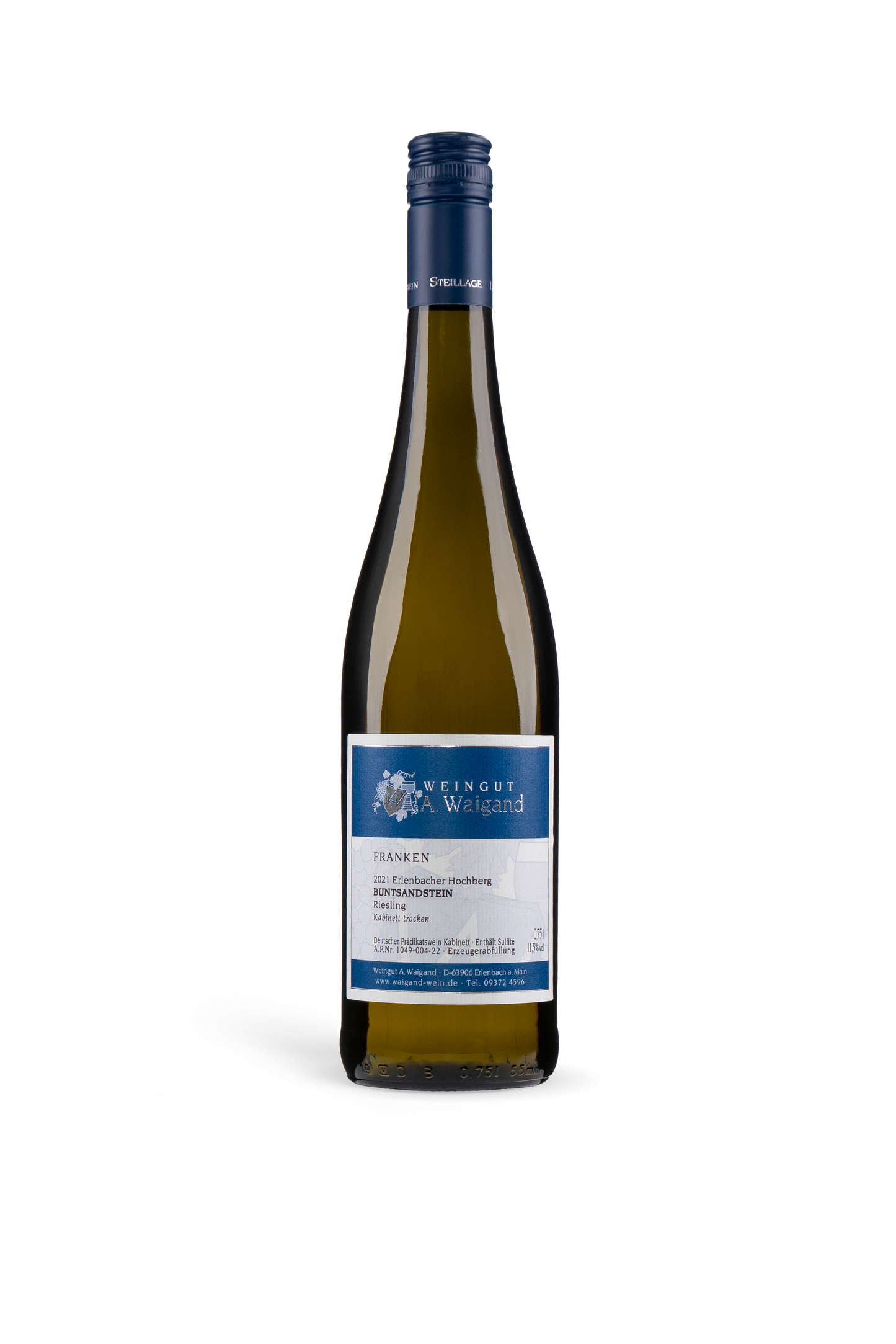2021er BUNTSANDSTEIN Riesling Kabinett trocken Weingut A. Waigand - freigestellte Weissweinflasche PNG