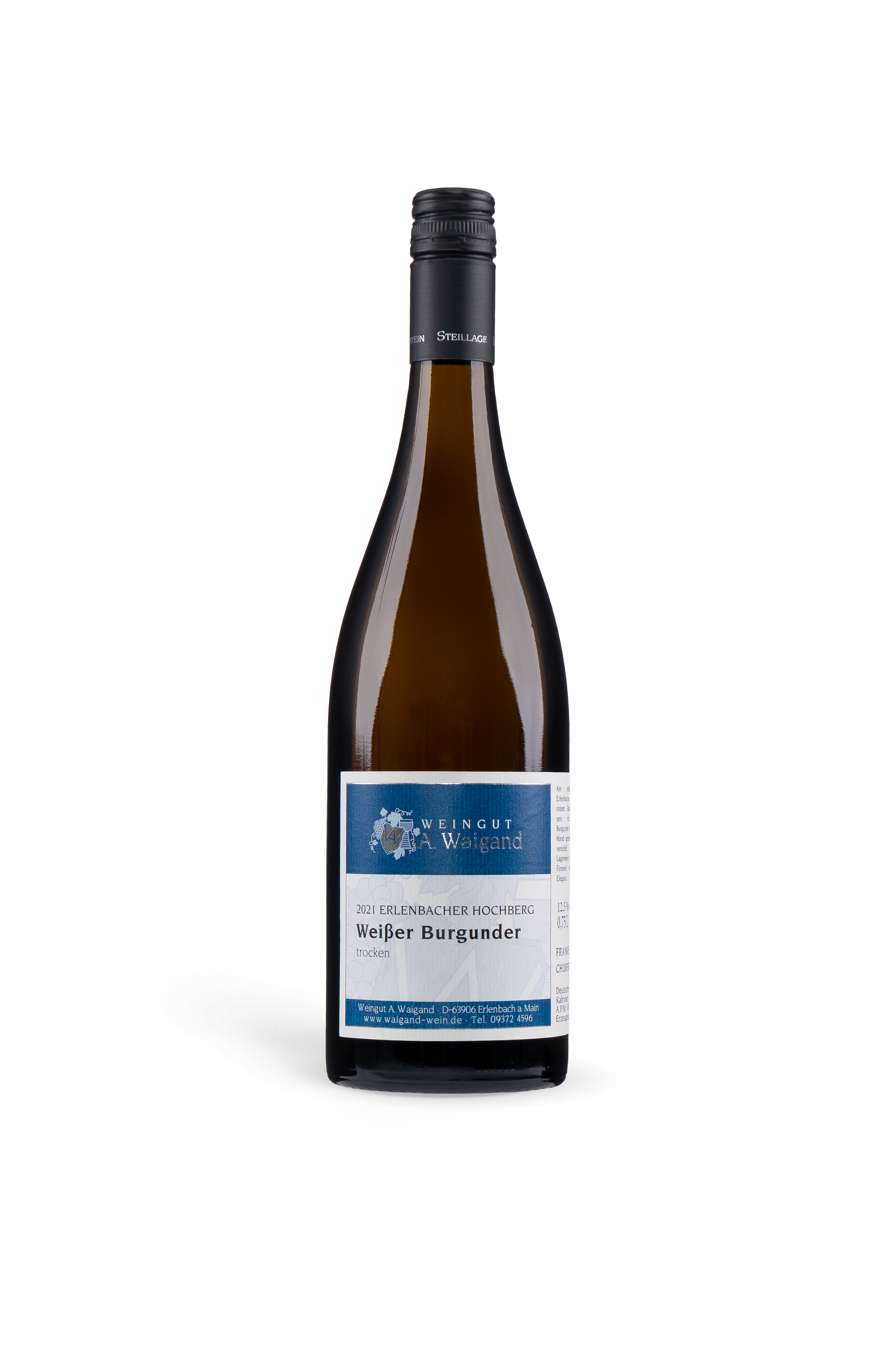 2021er Weisser Burgunder Kabinett Weingut A. Waigand - freigestellte Weissweinflasche