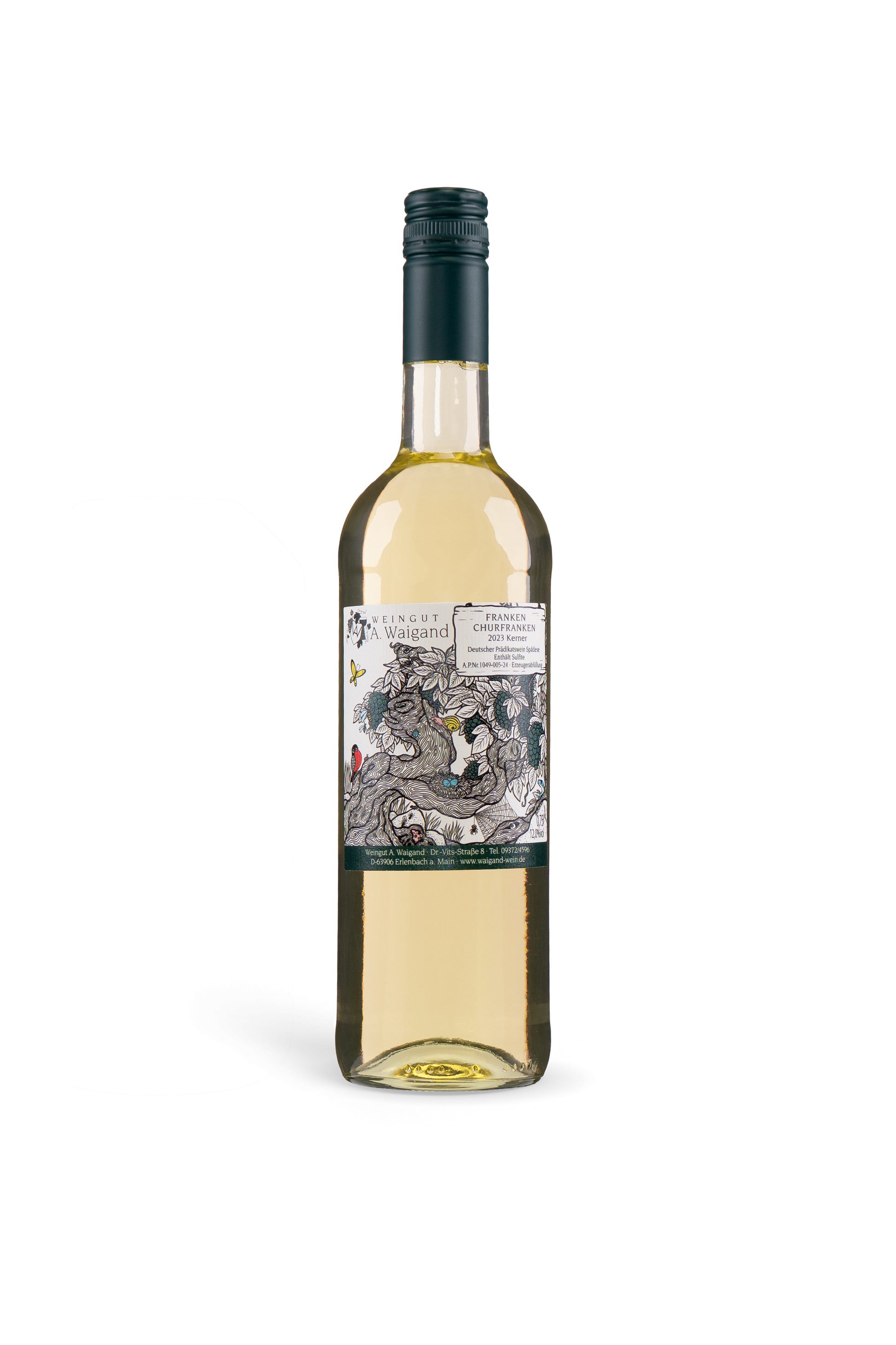 2023er Kerner lieblich Weingut A. Waigand - freigestellte Weissweinflasche PNG