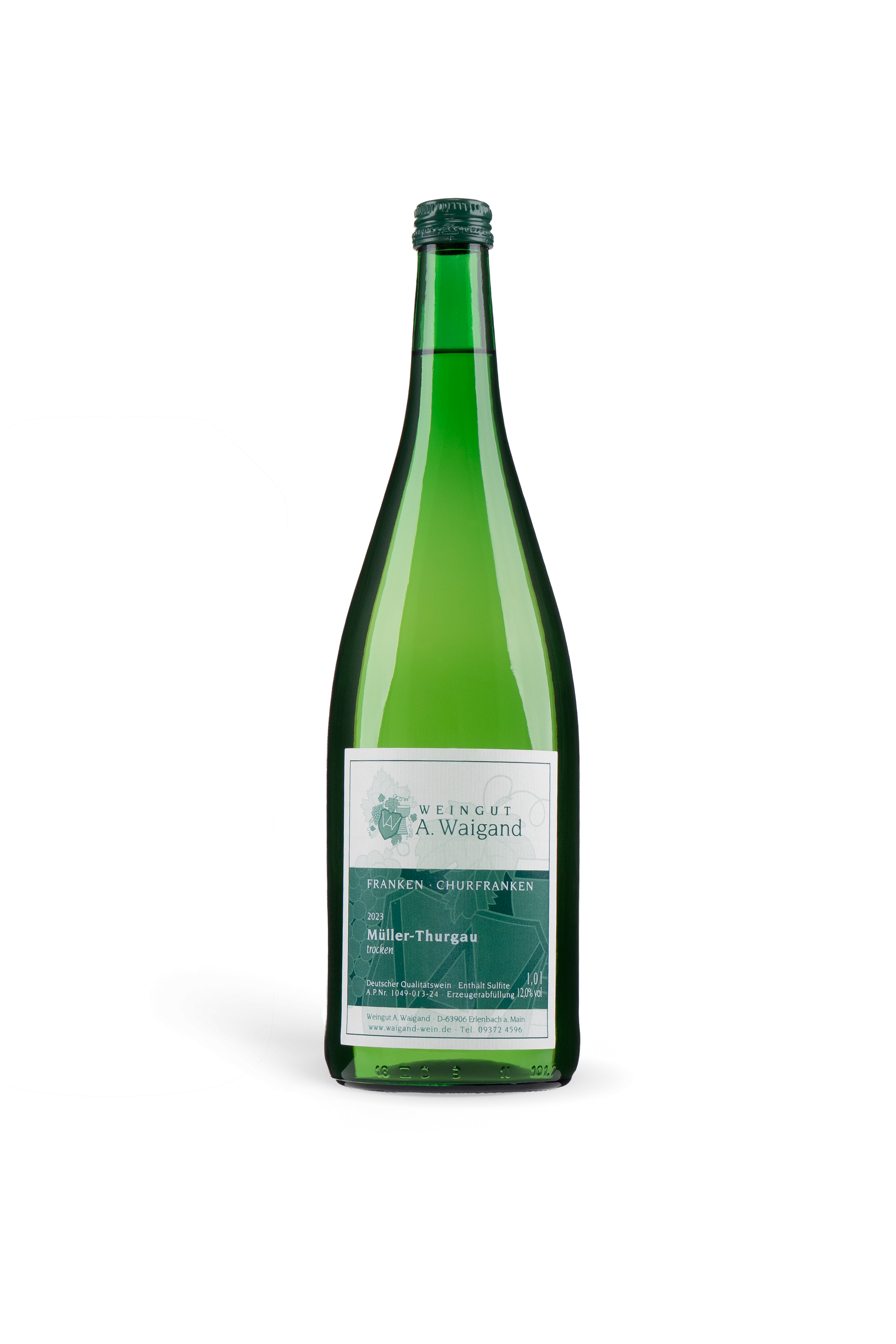 2023er Mueller-Thurgau QbA Weingut A. Waigand - freigestellte Weissweinflasche PNG