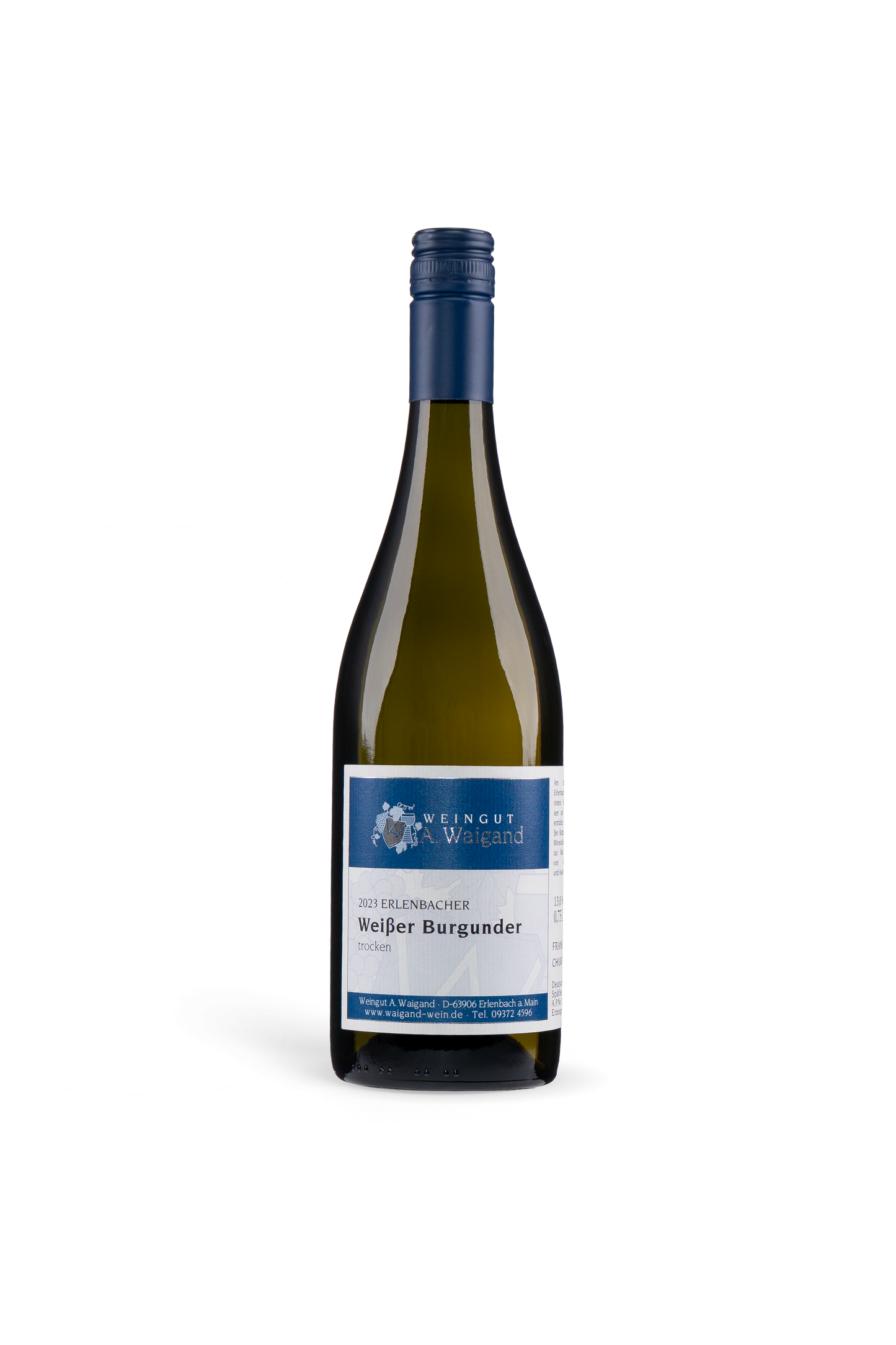 2023er Erlenbacher Weisser Burgunder trocken Weingut A. Waigand - freigestellte Weissweinflasche