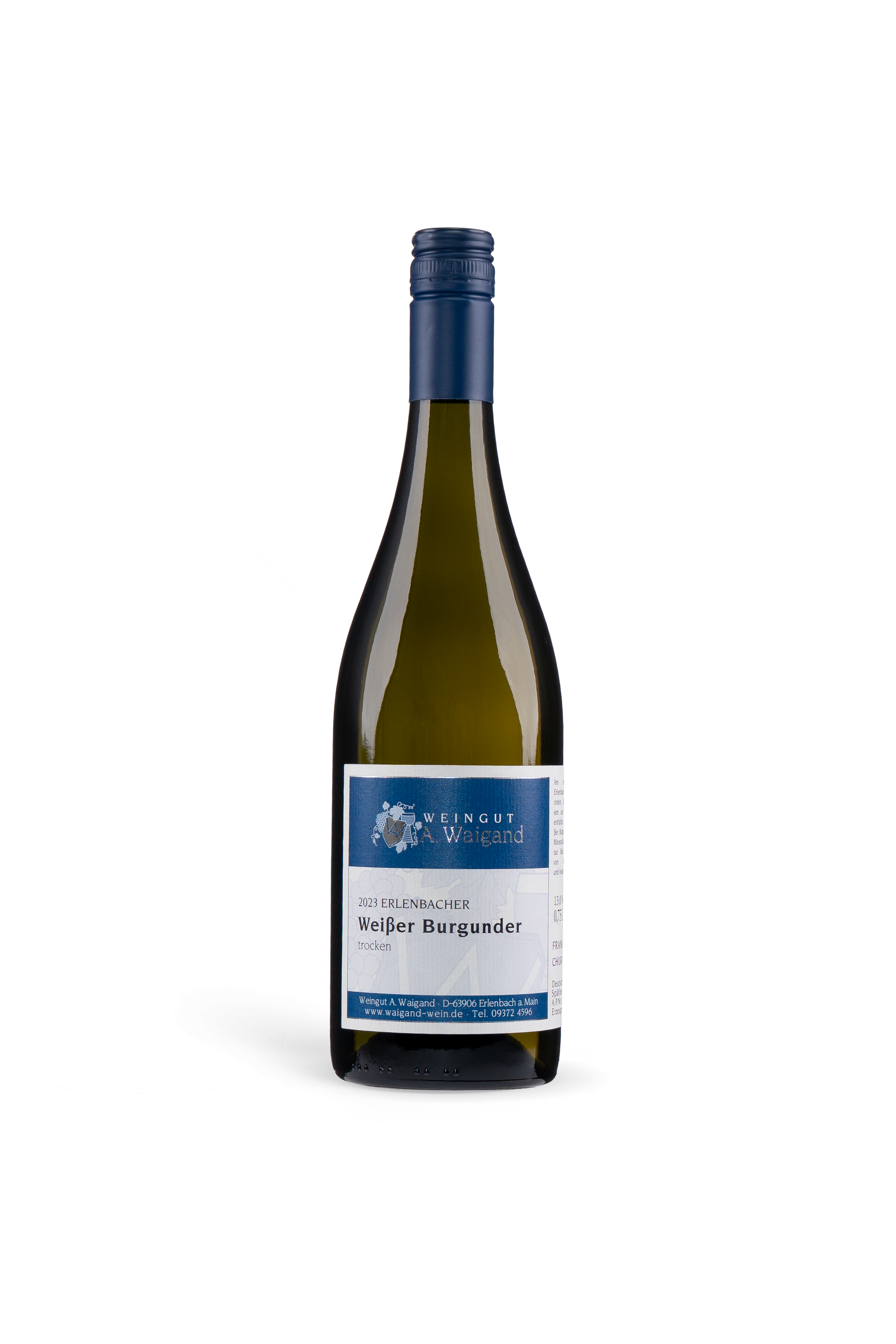 2023er Erlenbacher Weisser Burgunder trocken Weingut A. Waigand - freigestellte Weissweinflasche