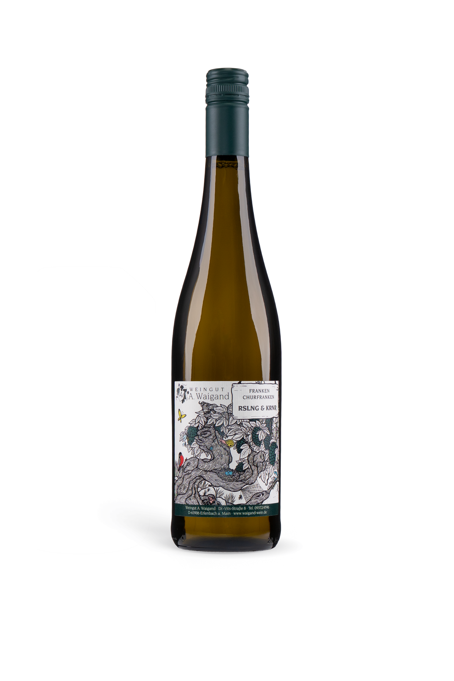 2024er Rieslaner Weingut A. Waigand - freigestellte Weissweinflasche PNG
