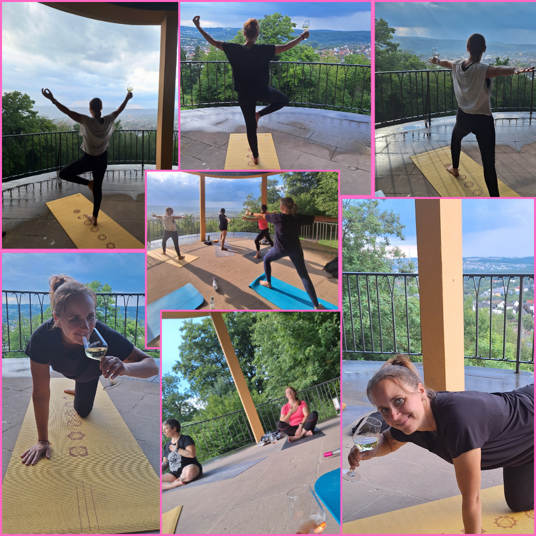 Yoga im Weinberg Weingut A. Waigand - Collage mit Personen beim Yoga mit Weinblick und Weinglas