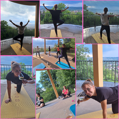 Yoga im Weinberg Weingut A. Waigand - Collage mit Personen beim Yoga mit Weinblick und Weinglas