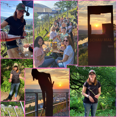 Collage Weinberg-Erlebnisse Weingut A. Waigand - Winzerin bei der Arbeit, Gruppe im Weinberg und Sonnenuntergang