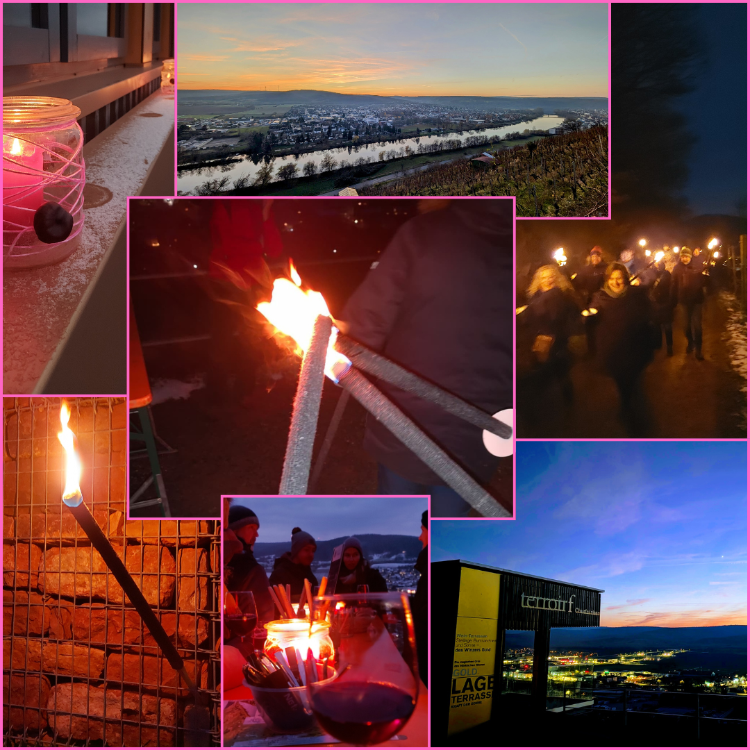 Collage Weinberg-Events Weingut A. Waigand - Fackelwanderung, Sonnenuntergang und Terroir F bei Nacht