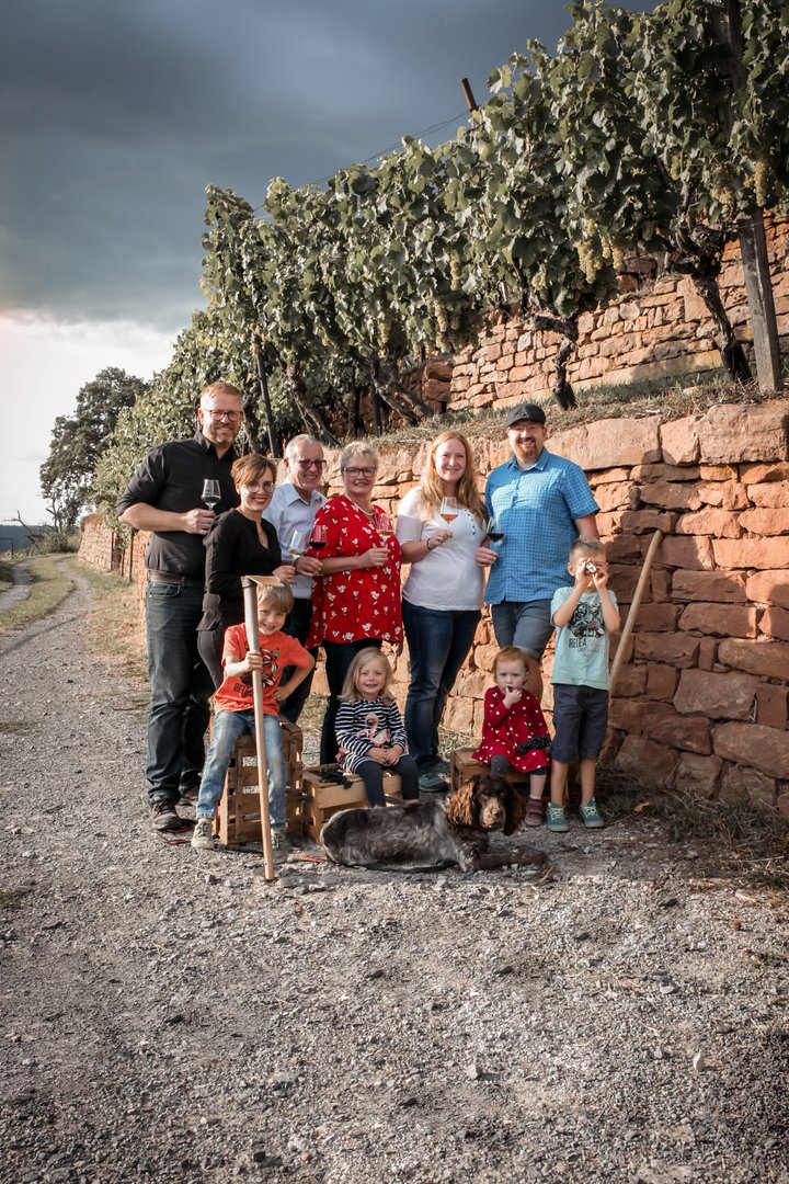 Familie Waigand vor Buntsandsteinmauer und Weinberg - Familienfoto Weingut A. Waigand mit Kindern und Hund