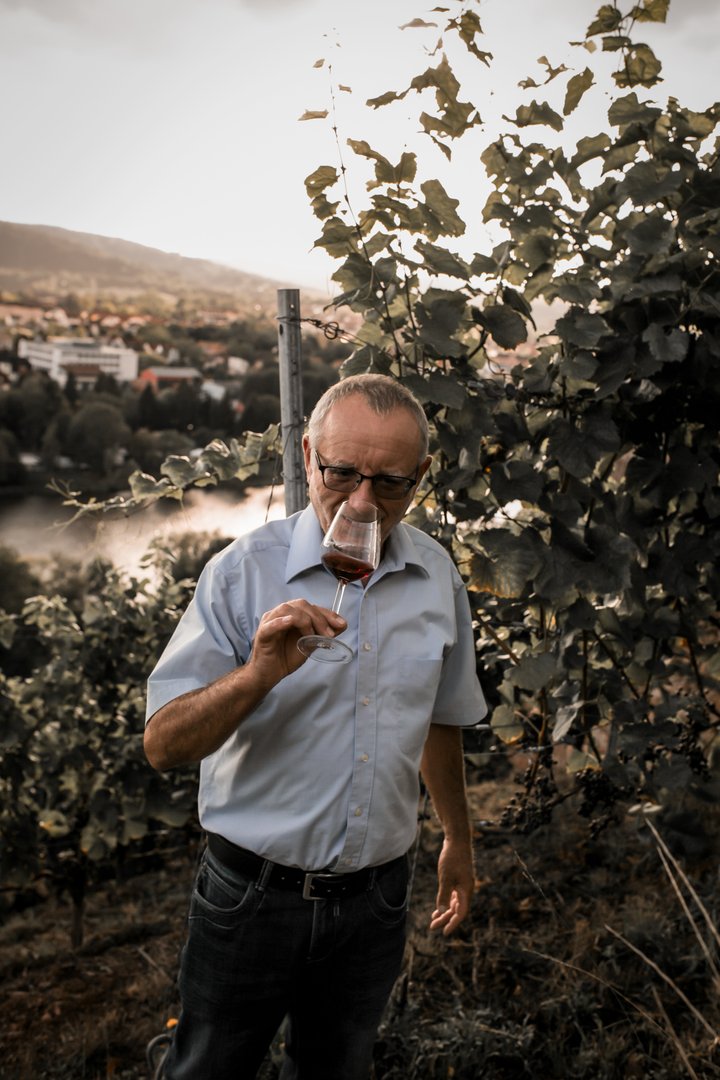 Winzer vom Weingut A. Waigand beim Weinriechen im Weinberg - Verkostung eines Rotweins