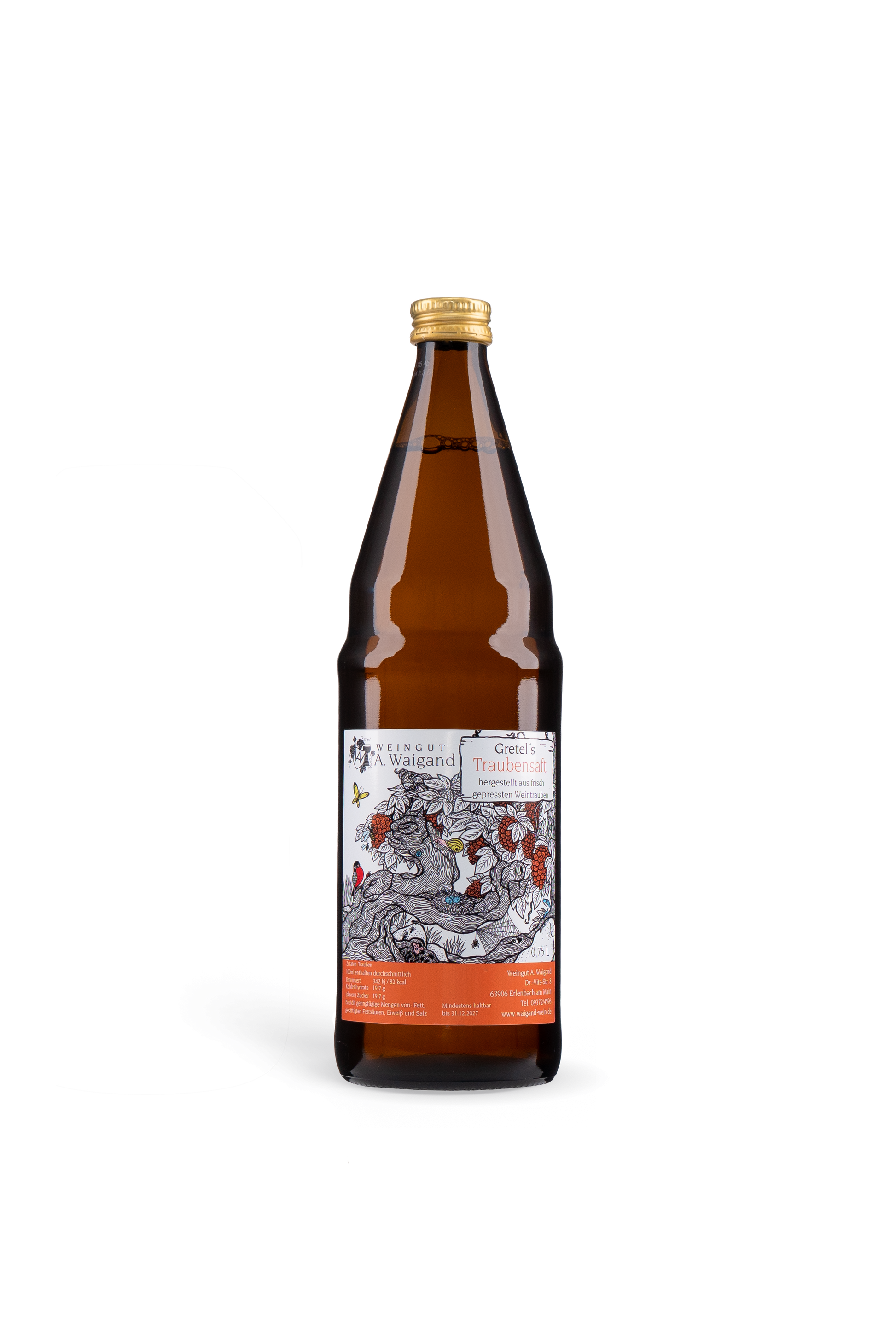 Gretel's Traubensaft Weingut A. Waigand - freigestellte Flasche mit künstlerischem Etikett