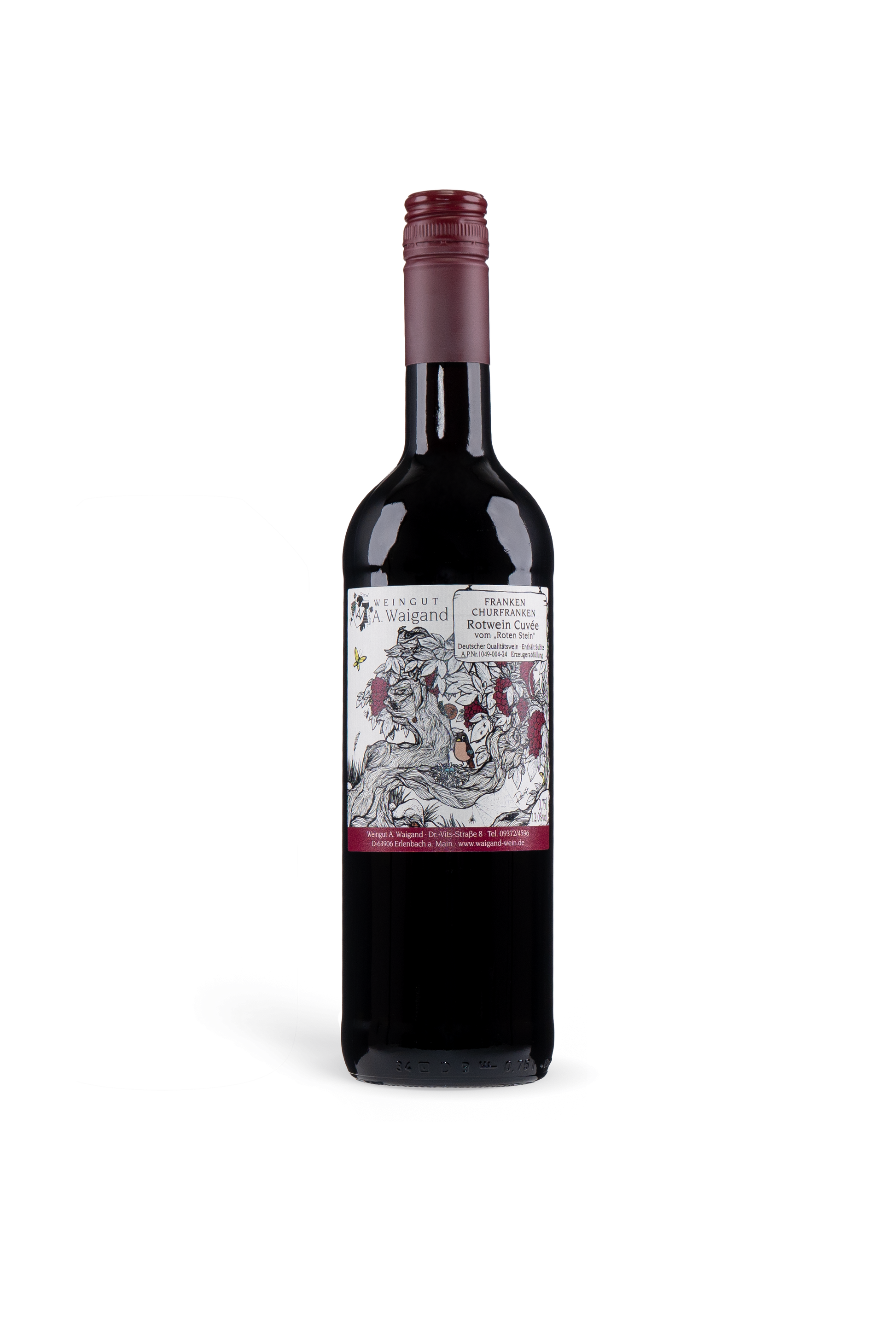 Rotwein Cuvée vom Roten Stein Weingut A. Waigand - freigestellte Rotweinflasche