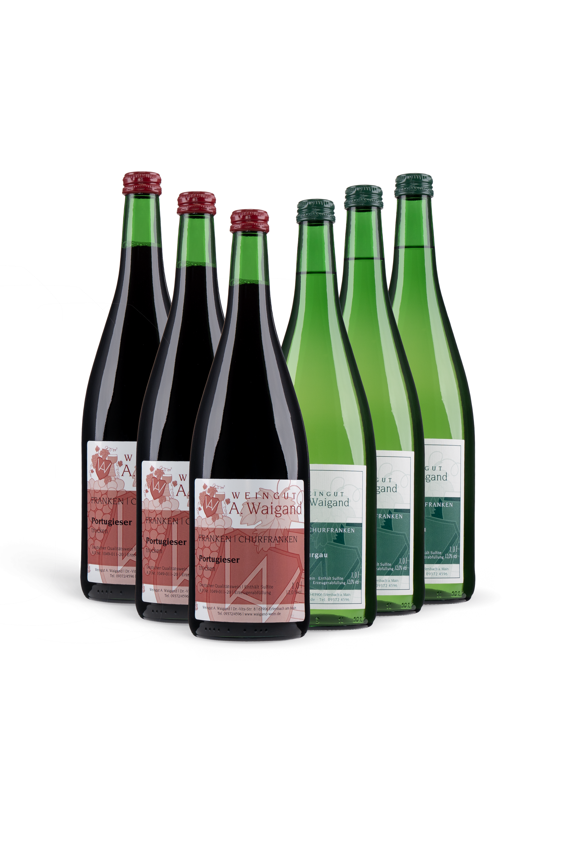 Sechs Weinflaschen (Liter) vom Weingut A. Waigand – drei Rotwein- und drei Weißweinflaschen