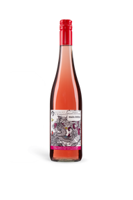 main.ROSA Roseweinflasche Weingut A. Waigand mit kuenstlerischem Etikett freigestellt