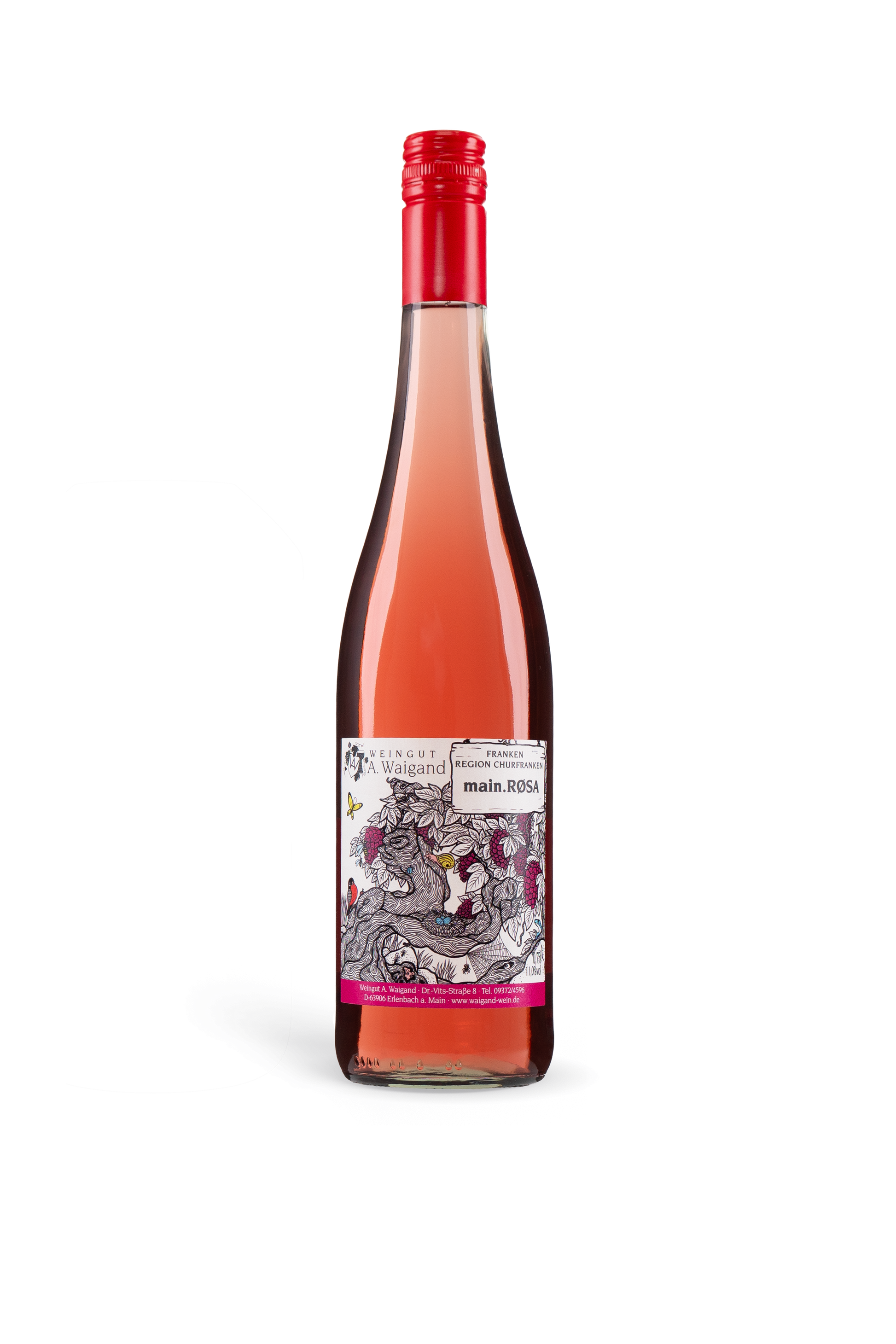 main.ROSA Roseweinflasche Weingut A. Waigand mit kuenstlerischem Etikett freigestellt