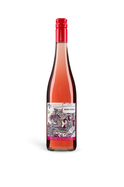 main.ROSA Roseweinflasche Weingut A. Waigand mit kuenstlerischem Etikett freigestellt