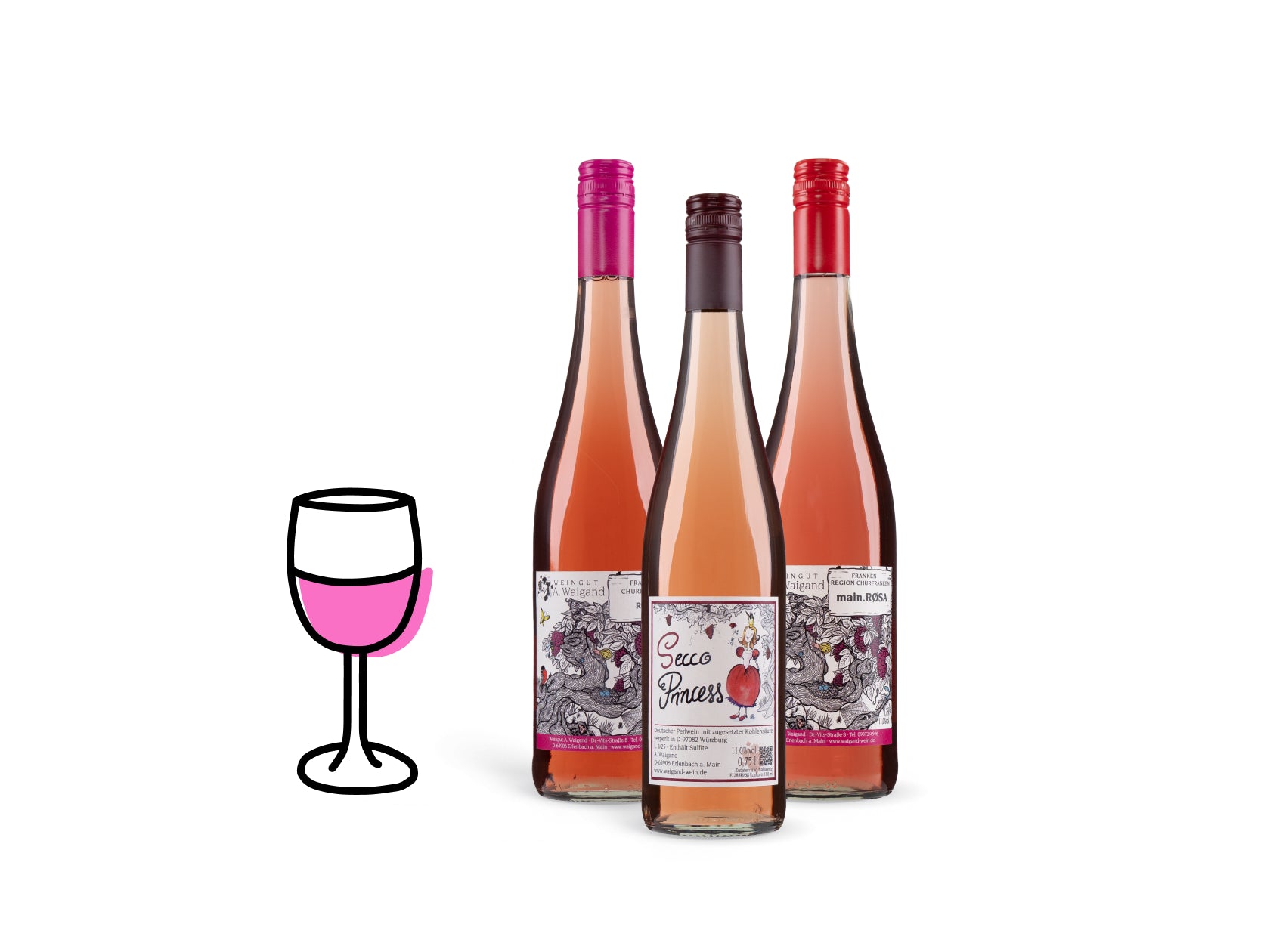 Rosewein-Kategoriebild Weingut A. Waigand - Rose-Flaschen mit stilisiertem Weinglas