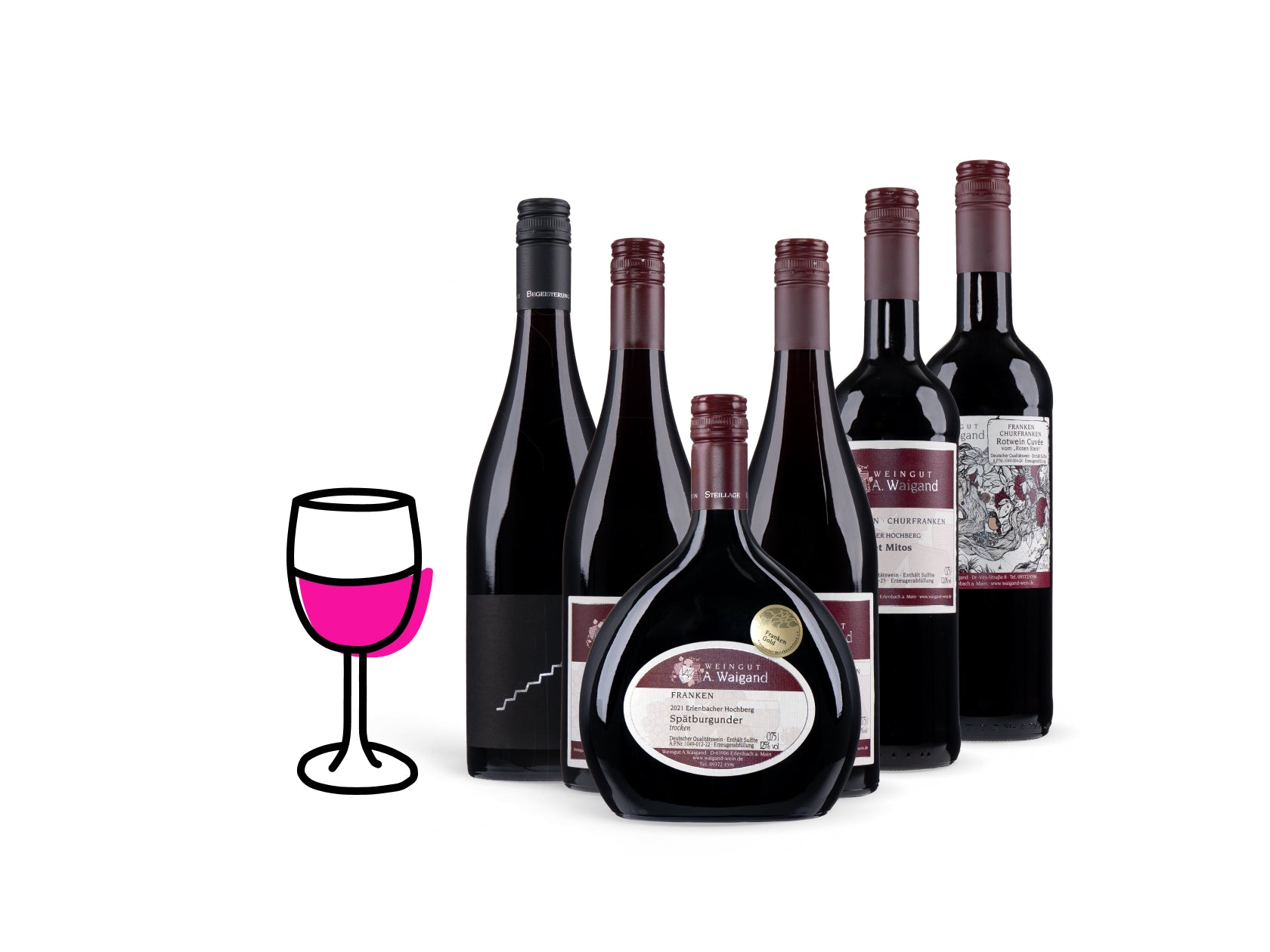 Rotwein-Kategoriebild Weingut A. Waigand - mehrere Rotweinsorten mit stilisiertem Weinglas