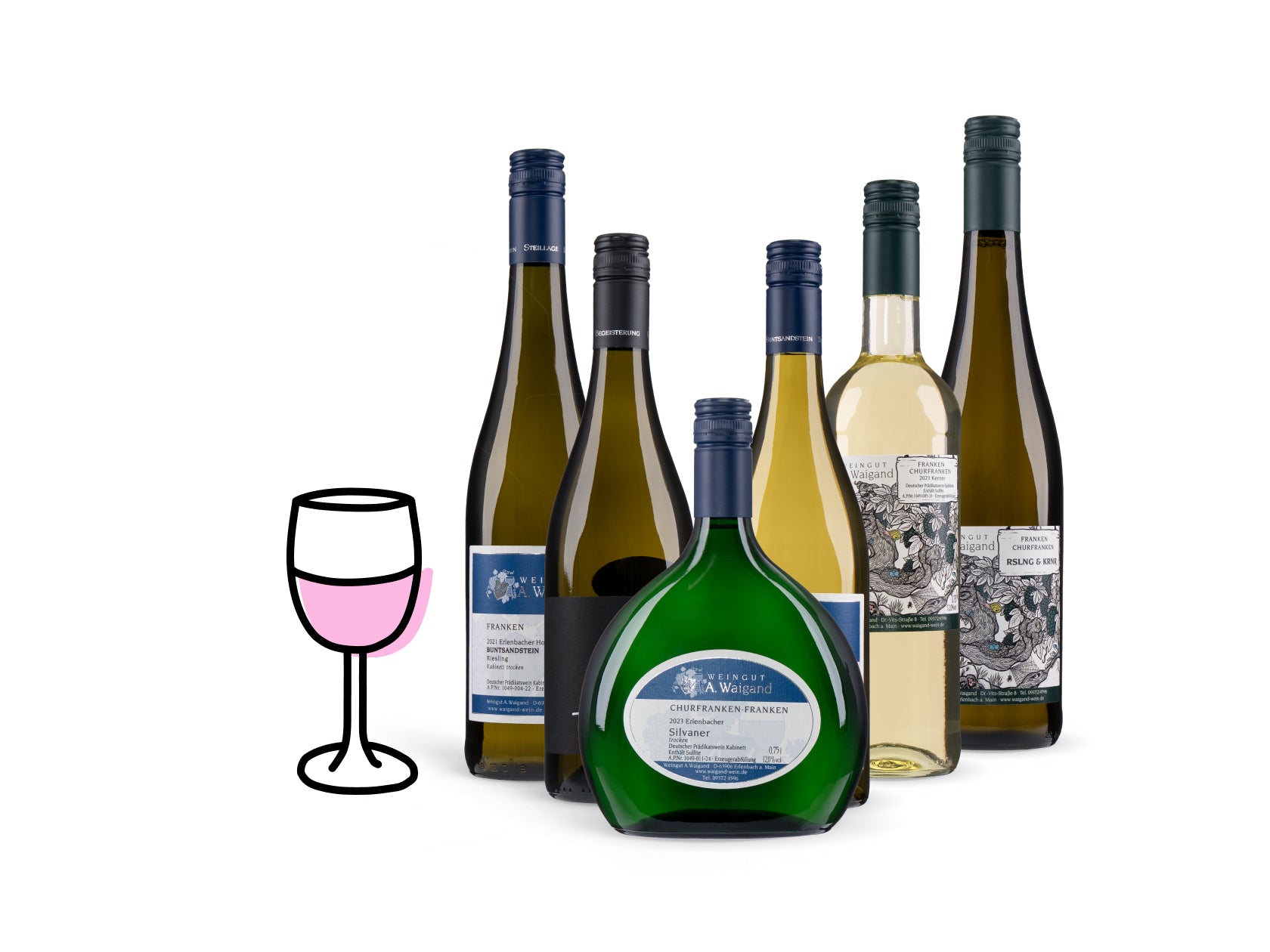 Weisswein-Kategoriebild Weingut A. Waigand - Weissweinsorten-Flaschen mit stilisiertem Weinglas